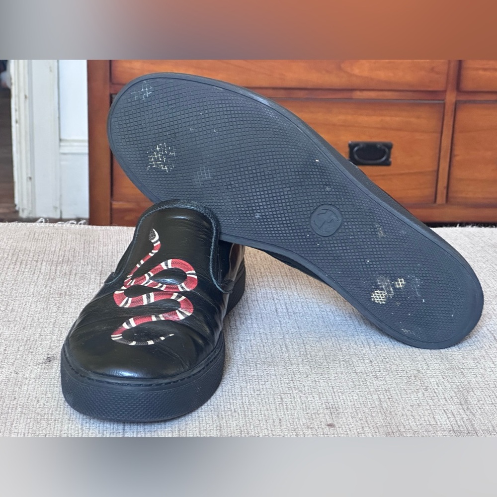 Gucci Snake Design Black Leather Men’s Slip-On Sneakers Size 12 G - Picture 6 of 13